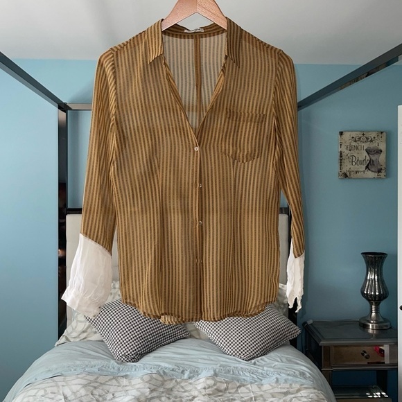 Golden Goose Graphic Striped Print Two Tone Yellow White Long Sleeve Blouse Sm - Picture 2 of 7